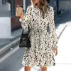 Casual Dresses Elegant Leopard Print för kvinnor 2023 V Neck Bow Puff Long Sleeve Party Dress Higt Midja TIE Up Holiday Vestidos