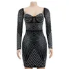 Kleidung Sommer Strass Mesh Schatz Kragen Langarm Bodycon Schwarz Abendkleid Für Frauen Geburtstag Sexy Party