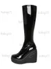 Stövlar 2023 Spring New Wedge Heel Tjock Sole Round Toe High Heel Kne Length Boots Fashion Sexy Model Show Women's High Boot T231025