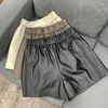Women's Shorts Vintage Genuine Leather Women Harajuku Simple Casual Pocket Embossing Elastic Waist Wid-Leg Pants Sexy Short