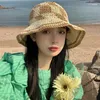 ワイドブリム帽子夏の手織りストローヤーンかぎ針編みの太陽帽子女性ビーチ格子縞のボブフィッシャーマンキャップパナマ