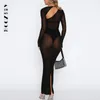 Abiti casual BoozRey Summer Mesh See Through Abiti Y2K sexy Manica lunga Spacco laterale Aderente Maxi Per le donne Club Abiti streetwear