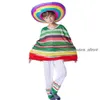 Cosplay Cadılar Bayramı Meksika Etnik Gümrük Cosplay Costume Çocuk Stripe Pelerin Pelerini Şal Saman Şapka Çocuklar Erkek Kız Masquerade Ball Takım