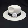 Bérets Blanc Fedora Laine Mélange Chapeau Large Bord Panama Fleur Accessoires D'hiver Fêtes Vacances Shopping Cadeau Sa Femme Fille Hipster