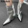 women Pointed Thin Heel Mid Calf Zipper Boots Fashion Trend Turned-over Edge Buckle Strap Modern Party Club 230922