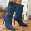 Stiefel Spitzschuh Mode Stiefel Denim Stoff Damenschuhe 2023 Neue dünne High Heel Mittelkalb Retro Blau Elegante mittellange Jeansstiefel T231025