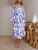 Robes décontractées Femmes S Midi A-Line Robe à manches longues Col carré Split Flowy Vacances d'été