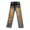 Purple Jean Amiiris Designer Jeans Mens High Street Broken Orange Star Patch Slim Fit Mała stopa Full Sky Stretch Make