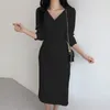 Casual Jurken Elegante Vrouwen Shirt Jurk 2023 Vonda Herfst Mode Effen Kleur Geplooide Midi Zonnejurk Lange Mouw Losse Party vestidos