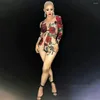 Stage Wear Skinny Stretch Women Bodysuits Red Rose Pattern Print Bling Diamonds Jumpsuit Nightclub Costumes Dance Show