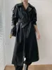 Women s Fur Faux Fashion Long Trench Coat for Women Retro 2023 Autumn Thin PU Leather Jacket Loose Solid Black 231025
