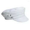 Berets 2023 Primavera Homens / Mulheres Genuínos Couro Nubuck Caps com Fivela de Cinto Estudantes Marinha Chapéus Dourados Menino Gorro Cor Branca