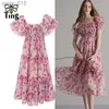 Grundläggande casual klänningar Tingfly Women Summer Pink Floral Print Slash Neckline Midi Long A Line Dress Ruffles Sleeve France Elegant Vestidos Frocks Lady YQ231025