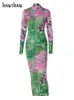 Vestidos casuais mulheres 2023 verão outono moda manga longa bodycon streetwear floral impresso midi vestido itens por atacado para