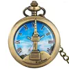 Pocket Watches Hollow Bronze N Seoul Tower Quartz titta på antika snygga gåvor män kvinnor romerska siffror blå urtavla