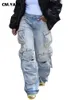 Womens Jeans Cmyaya Women Safari Style Ripped Out Drawstring Hem Elastic Midje Multi Pocke Denim Pants Ins Fashion Cargo Trousers 231025