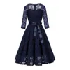 Casual Dresses French Mature Ladies Elegant Lace Dress 3/4 Sleeve Midjeband Slim Fit Square Neck A-Line