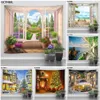 Tapestries Imitation Window Landscape Tapestry Wall Hanging Park Flower Tree Ocean Printing Art Home Decor Christmas Wall Tapestry 231024