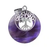 Anhänger Halsketten Natürliche Amethyst Anhänger Fit Baum des Lebens Inlay Hohl Runde Heilkristall Stein Schmuck Für Frauen Männer