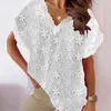 Blouses Femmes Dames Lâche Jacquard Blanc BlouseShirts 2023 Mode Col En V À Manches Courtes T-shirts Hauts Pour Femmes Élégant Été Solide Pull