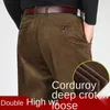 Mensbyxor dubbel veckade corduroy män svart brun thicke varm löst höga midja byxor för kläder 231025