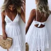 Vestidos casuais meninas vestido de verão branco espaguete cinta arco sexy mulheres v-pescoço sem mangas praia backless lace patchwork mini1557