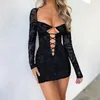 Casual Dresses Print Square Neck Sexig Bandage Cut Out Mini Dress Elegant Club Party Long Sleeve Bodycon Fall Clothes