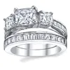 Anneaux de mariage Choucong marque Unique bijoux de luxe 925 en argent Sterling trois pierres princesse coupe 5A cubique zircone bague de mariée Set312S