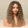 Lace Wigs ALAN Medium Curly Front Synthetic Hair with Baby Middle Part Ombre Dark Brown Deep Wave for Women 231024