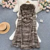 Casual Dresses Clothland Women Elegant Stripe Stretchy Dress V Neck Long Sleeve Chain Belt Fairy Style Female Midi QD112