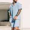 Fatos masculinos vintage manga curta lapela camisas de duas peças verão praia estilo casual conjuntos de cor sólida camisa e shorts ternos roupas masculinas