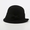 Berets senhoras lã feltro balde chapéu mulheres vintage cloche fedora inverno bowler com arco