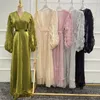 Etniska kläder Eid Satin Abaya Kimono Summer Elegant Puff Petal Sleeve Muslim Hijab Dress Open For Women Dubai Islamiska Turkiet Kaftan Robe