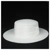 Basker ull kvinnor vit platt topp hatt med band fedora bred brim fascinator storlek 56-58 cm