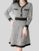 Casual Dresses Women Autumn Winter Vintage Plaid Knitted Sweater 2023 V Neck Striped Patchwork Knitwear A-Line Dress Elegant Vestidos