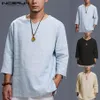 Stylish Mens Shirts Cotton Three Quarter Sleeve Folded V Neck Plain Chinese Style Tee Shirt Loose Tops Man Camisas Men Clothing CJ273S