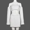 Plush Two Piece Dress Women Long Sleeve Strapless Back Bandage Crop Top and Women's Skirt White Sexy Casual Streetwear