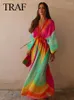 Casual Dresses Women Fashion Tie Dye Beading Dress Loose Long Sleeve V Neck For Woman Autumn Streetwear Vestidos