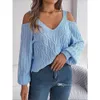 2023 Autumn Winter Sweaters Womens Casual Solid Color Sexig Deep V-Neck Off Shoulder Lantern Sleeve Sweaters Top For Ladies