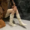 Boots Retro High Heels Woman Knee High Boot Fashion Pointed Toe Western Cowgirl Booties Designer Autumn Winter ShoesL231025