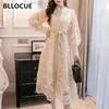 Bllocue High Quality 2020 Autumn Runway Long Dress Women Single-Breasted Lantern Sleeves Hollow Embroidered Lace Sashes Dress MX20177H