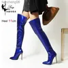 Buty długie buty dla kobiet ciemnoniebieskie spiczasty stóp metalowy sztylet pięta patentowa skórzana skórzana samica butów duży rozmiar krótki plushl231025