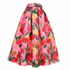Skirts 2023 Autumn Korean Vintage Woman Aesthetic Bright Pink Tulip Floral Embroidery High Waist Long Pleated Skirt Birthday Party Wear