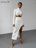 Work Dresses Sexy Turtlenecks Ribbed Knitted Skirts Suits Two Pieces Office White Sets Ladies Split Midi Skirt 2-Piece Set
