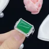 남자 반지 사각형 녹색 jade chalcedony 지르콘 다이아몬드 화이트 골드 오픈 반지 조절 가능