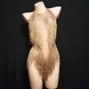 5 färger glittrande guld strass Tassel bodysuit Leotard Dance Wear Women's Celebrate Female Singer Crystals Costume 220322302T