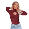 Burypdu Pull sexy à col haut et manches longues pour femme - T-shirt tricoté avec broderie ajourée sur la poitrine - Essentiel multicolore