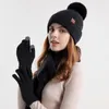 Ensemble bonnet et gants tricotés à carreaux croisés, couleurs unies, Pom Pom, accessoires d'hiver à la mode pour femmes