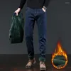 Jeans pour hommes 2023 hiver polaire chaud épaissi droit coton stretch denim pantalon affaires décontracté marque noir bleu pantalon