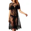 New Women Lace Dress Casual Long Black Short Sleeve O Neck See Through Beach Wear Dresses240n